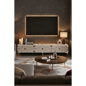 Tsa1897btg - Alfa Tsa180 Tv Stand, Tv Sehpasi Ve Tv Üni̇tesi̇ Beyaz - Traverten - Gold 180cm Beyaz-Traverten-Gold