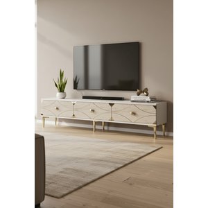 Tsa1897btg - Alfa Tsa180 Tv Stand, Tv Sehpasi Ve Tv Üni̇tesi̇ Beyaz - Traverten - Gold 180cm Beyaz-Traverten-Gold