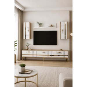 Tvr1842dbg - Madezh Tv Sehpasi, Tv Üni̇tesi̇ Takim Safi̇rmeşe - Beyaz - Gold 180 Cm Safirmeşe-Beyaz-Gold