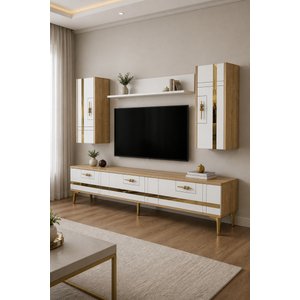 Tvr1842dbg - Madezh Tv Sehpasi, Tv Üni̇tesi̇ Takim Safi̇rmeşe - Beyaz - Gold 180 Cm Safirmeşe-Beyaz-Gold