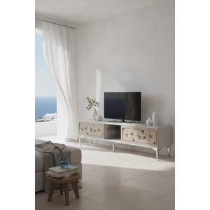 Tsa1504bts - Mokazh Tv Stand, Tv Sehpasi Beyaz - Traverten - Silver 150 Cm Beyaz-Traverten-Silver