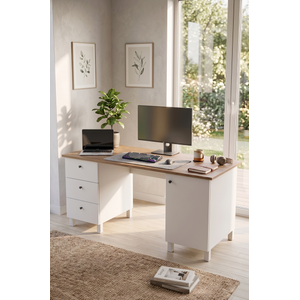 Prime 160x60cm Çalışma Masası Ders Çalışma Masası Çekmeceli Dolaplı Ahşap Ayaklı Sepet-beyaz