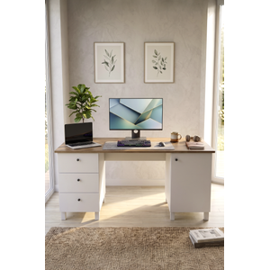 Prime 160x60cm Çalışma Masası Ders Çalışma Masası Çekmeceli Dolaplı Ahşap Ayaklı Sepet-beyaz