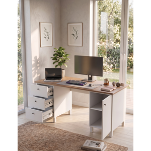 Prime 160x60cm Çalışma Masası Ders Çalışma Masası Çekmeceli Dolaplı Ahşap Ayaklı Sepet-beyaz