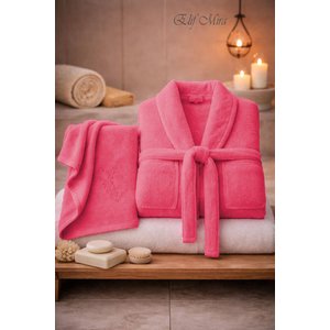 Baş Havlulu Bornoz Seti Unisex Bukle Şalyaka Nuvia Fuşya S/M