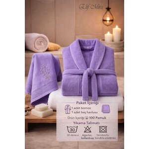 Baş Havlulu Bornoz Seti Unisex Bukle Şalyaka Nuvia Lavanta S/M