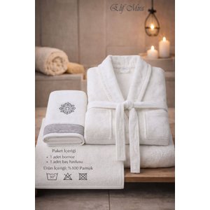 Baş Havlulu Bornoz Seti Unisex Bukle Şalyaka Nuvia Beyaz-gri L/XL