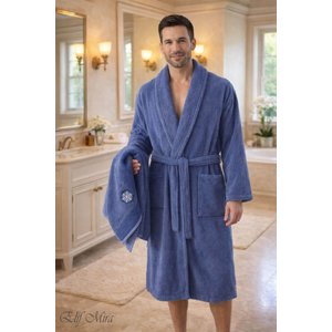 Baş Havlulu Bornoz Seti Unisex Bukle Şalyaka Nuvia Lacivert L/XL