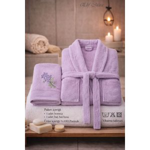 Baş Havlulu Bornoz Seti Unisex Bukle Şalyaka Nuvia Lila S/M
