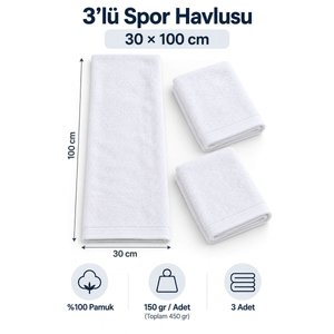 3lü Spor Fitness Havlusu 30x100 Cm %100 Pamuklu Beyaz