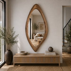Doğal Ahşap Ayna Damla Form (okaliptüs), Masif Ahşap Duvar Aynası, Asimetrik Ayna, Japandi Banyo Ve Antre Aynası 40x96 cm