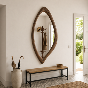 Doğal Ahşap Ayna Damla Form (ceviz), Masif Ahşap Duvar Aynası, Asimetrik Ayna, Japandi Banyo Ve Antre Aynası 30x72 cm