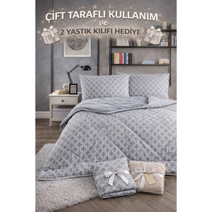 Çift Kişilik Welsoft Yorgan 195x215 Cm Çift Taraflı - 2 Yastık Kılıflı - Gri Zincir