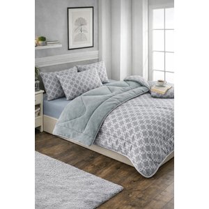 Çift Kişilik Welsoft Yorgan 195x215 Cm Çift Taraflı - 2 Yastık Kılıflı - Gri Zincir