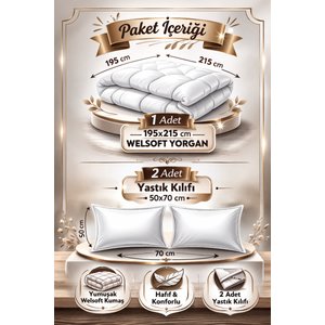 Çift Kişilik Welsoft Yorgan 195x215 Cm Çift Taraflı - 2 Yastık Kılıflı - Gri Zincir