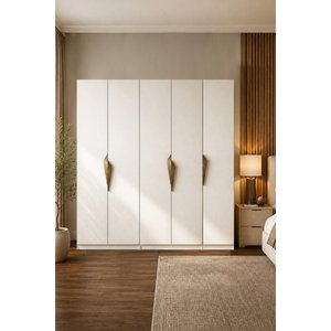 Gama 5 Kapaklı Askılı + Çekmeceli+  Raflı Tasarım Kulplu 253 Cm Gardırop Elbise Dolabı Beyaz