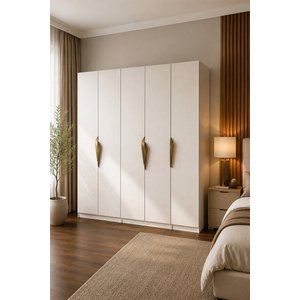 Gama 5 Kapaklı Askılı + Çekmeceli+  Raflı Tasarım Kulplu 253 Cm Gardırop Elbise Dolabı Beyaz