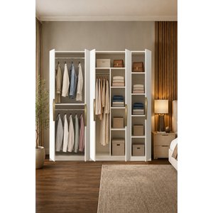 Gama 5 Kapaklı Askılı + Çekmeceli+  Raflı Tasarım Kulplu 253 Cm Gardırop Elbise Dolabı Beyaz