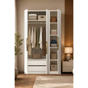 Gama 3 Kapaklı Çekmeceli+ Raflı Tasarım Kulplu 253 Cm Gardırop Elbise Dolabı Beyaz