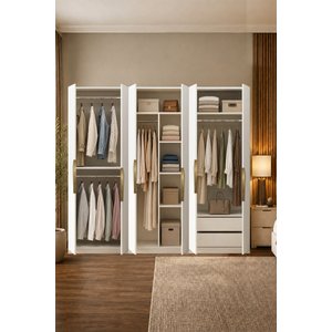 Gama 6 Kapaklı Askılı + Çekmeceli+ Askılı Raflı Tasarım Kulplu 253 Cm Gardırop Elbise Dolabı Beyaz