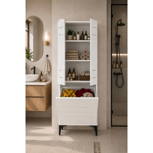 Miero Düşer Kapaklı Kirli Sepetli Banyo Dolabı Çok Amaçlı Raflı Çamaşır Dolabı 180x60x42 Cm