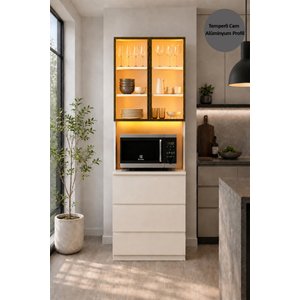 Dolce Çekmeceli Fırın Raflı Led Işıklı Temperli Cam Kapaklı Çok Amaçlı Dolap 208 Cm Vizon
