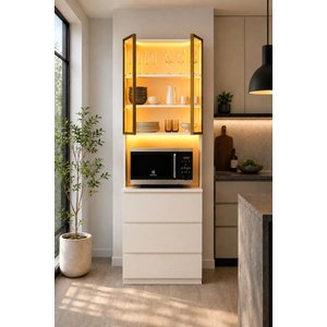 Dolce Çekmeceli Fırın Raflı Led Işıklı Temperli Cam Kapaklı Çok Amaçlı Dolap 208 Cm Vizon