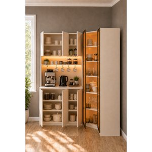 Dolce Kahve Köşesi 208 Cm 3 Kapaklı+ Köşe Modül+ Tek Kapaklı Temperli Camlı Çok Amaçlı Dolap Led Işı