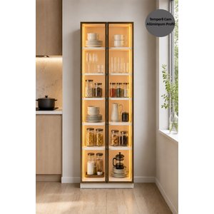 Dolce 2 Kapaklı Erzak Dolabı Led Işıklı Kiler Dolabı Temperli Camlı Çok Amaçlı Dolap Kitaplık 208 Cm