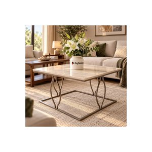 Modern Kare Orta Sehpa Mermer Desenli Dalgalı Metal Ayaklı Salon Ve Oturma Odası Sehpası
