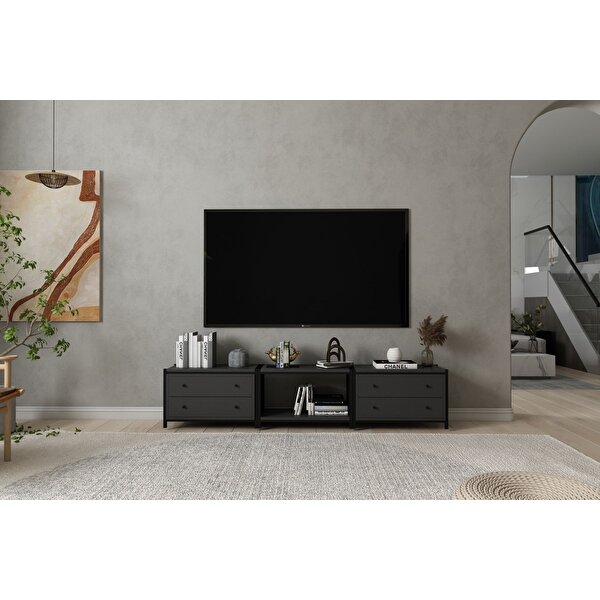 BK Concept Raflı Tek Katlı Dört Çekmeceli Metal Tv Ünitesi Antrasit 208 Cm Mtl-tvt-1003-a