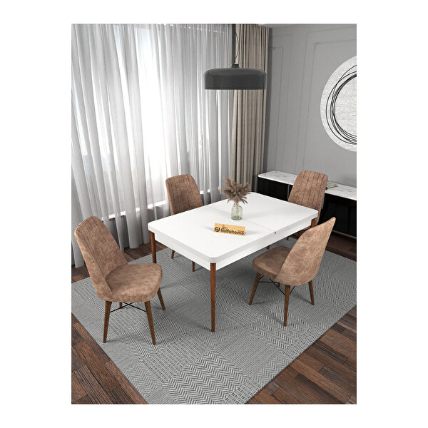 Kaffahome Riff Serisi 80x130 Kapalı 80x170 Açılabilir Beyaz Mutfak Masa Takımı 4 Cappucino Sandalye Cappuccino