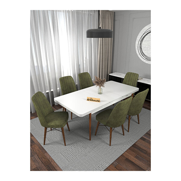 Kaffahome Riff Serisi 80x130 Kapalı 80x170 Açılabilir Beyaz Mutfak Masa Takımı 6 Haki Sandalye Haki