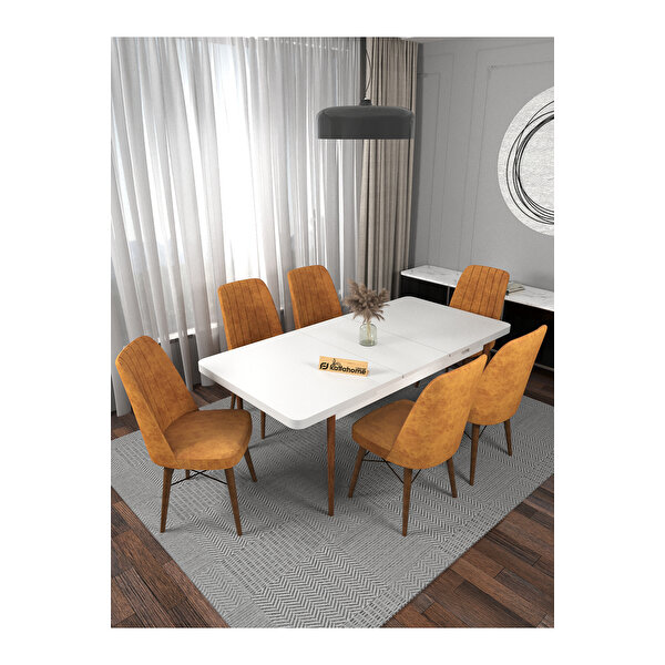 Kaffahome Riff Serisi 80x130 Kapalı 80x170 Açılabilir Beyaz Mutfak Masa Takımı 6 Hardal Sandalye Siyah