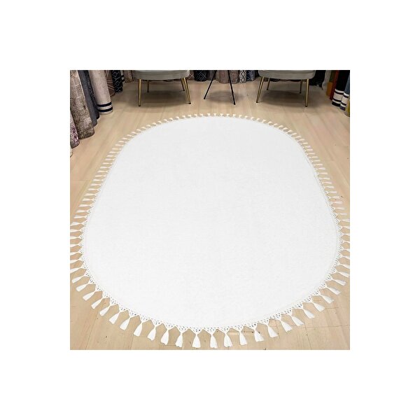 Valery Home Oval Comfort Puffy Ponpon Saçaklı Peluş Halı Yolluk Beyaz 80x700 cm