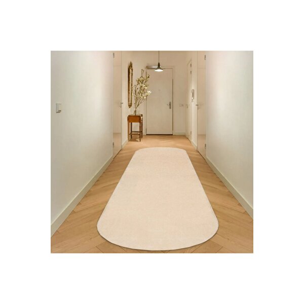Valery Home Oval Comfort Puffy Overloklu Peluş Halı Yolluk Bej 150x700 cm