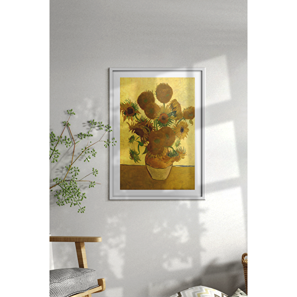 Özcanlar Çerçeve Beyaz Renk - 40x50 Çerçeveli Tablo Çerçeveli Dekor Tablo Seti Dekoratif Tablo Van Gogh Ay Çiçeği Tablo 40x50 cm