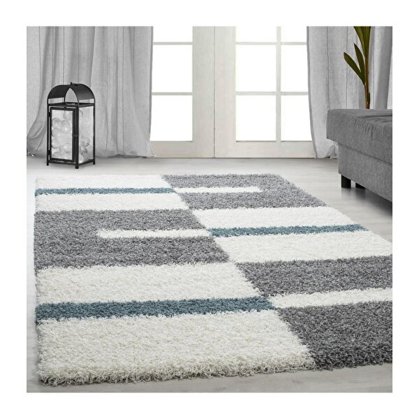 Carpettex Desenli Shaggy Halı Kareli Ve Çizgili Motif 3 Cm Hav Yüksekliği Gri Mavi Beyaz Renkli 60x110 cm