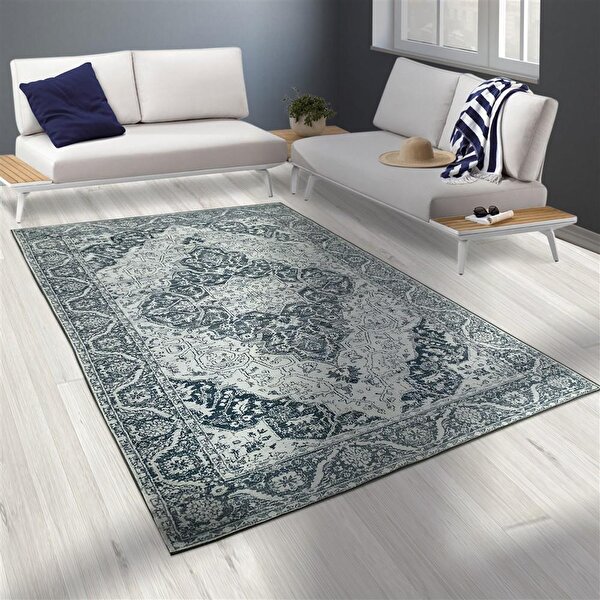 Carpettex Modern Şönil Dokuma Taban Klasik Desenli Gri Beyaz Halı 80x150 cm