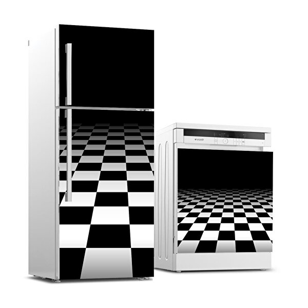 Stickerart Buzdolabı Ve Bulaşık Makinası Beyaz Eşya Sticker Kaplama Siyah Beyaz Kare