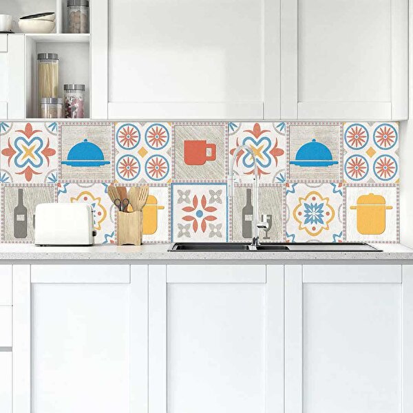 Stickerart Mutfak Tezgah Arası Folyo Fayans Kaplama Folyosu Mutfak Renkli Desen 60x200 cm