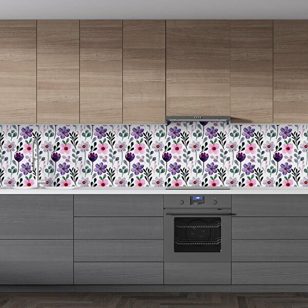 Stickerart Mutfak Tezgah Arası Folyo Fayans Kaplama Folyosu Renkli Çiçek 3. Model 60x400 cm