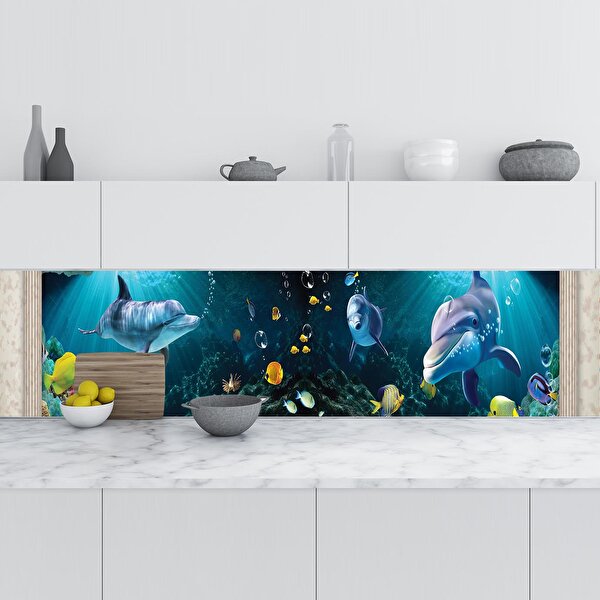 Stickerart Mutfak Tezgah Arası Folyo Fayans Kaplama Folyosu 3d Sualtı Balıklar 60x100 cm