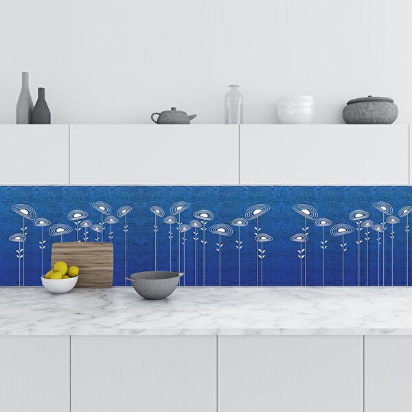 Stickerart Mutfak Tezgah Arası Folyo Fayans Kaplama Folyosu Mavi Beyaz Çiçekler 60x300 cm