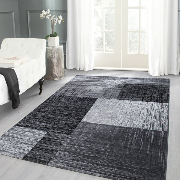 Carpettex Modern Desenli Halı Kareli Ve Taramalı Tasarım Siyah Gri Beyaz 80x300 cm