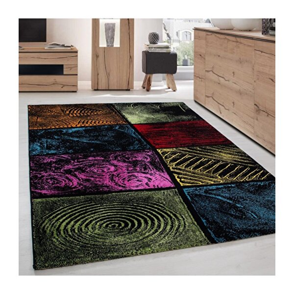 Carpettex Modern Desenli Halı Kare Motifli Taramalı Renkli Tasarım 200x290 cm