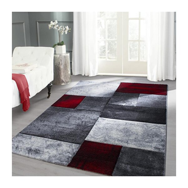 Carpettex Modern Desenli Oymalı Halı Kareli Taramalı Gri Kırmızı Beyaz 120x170 cm