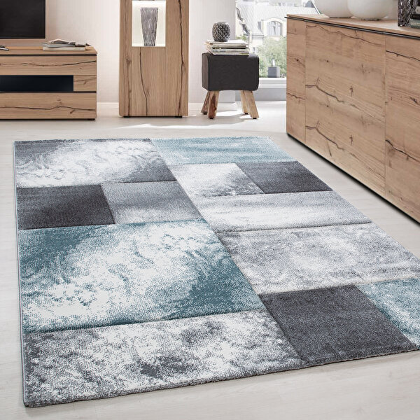 Carpettex Modern Desenli Oymalı Halı Kareli Ve Çizgili Gri Mavi 120x170 cm