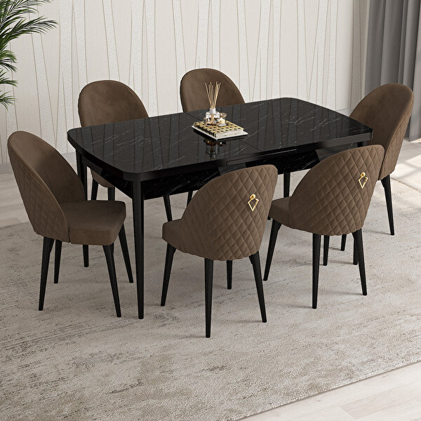 Rovena Arjeta Siyah Mermer Desen 80x132 Mdf Açılabilir Mutfak Masası Takımı 6 Adet Sandalye