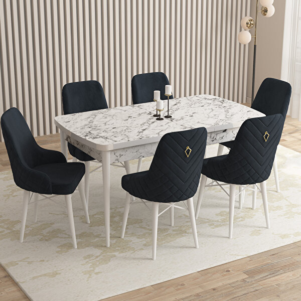 Rovena Flora Beyaz Mermer Desen 80x132 Mdf Açılabilir Mutfak Masası Takımı 6 Adet Sandalye Antrasit